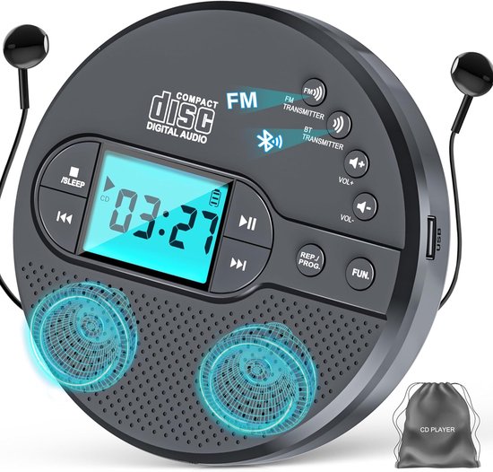 Discman - Draagbare cd-speler met antislipbescherming - Compacte cd-speler met Bluetooth en FM-transmitter - Grijs - 15 cm x 4 cm x 15 cm