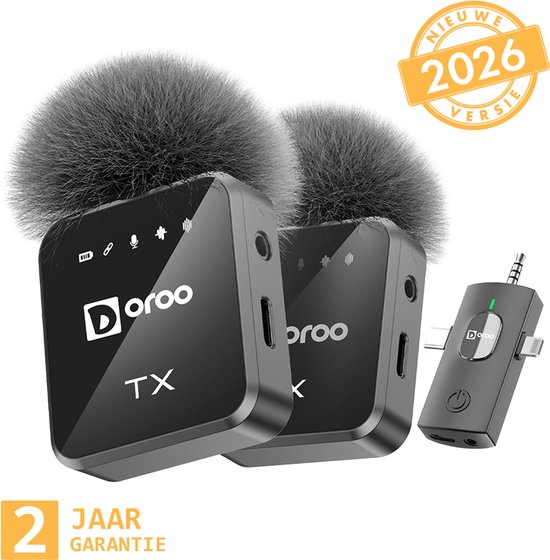 Doroo® Professioneel Draadloze Microfoon - 2 Stuks - Lavalier - Windshields - Extra Lange Batterij - Dasspeld - Professioneel audio geluid - USB-C/Lightning/AUX-draadloze microfoon iphone-Android -Plug & Play - twee jaar garantie