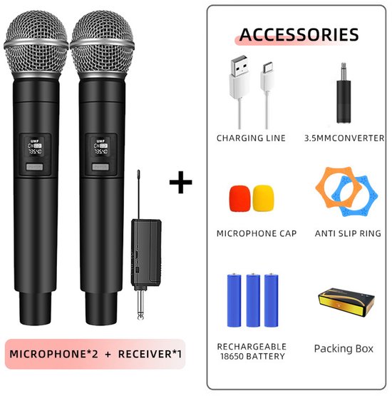 Draadloos microfoonsysteem voor 2 personen, 2.4G Dual Handheld Draadloos Metaal Dynamisch Microfoonsysteem met Oplaadbare Ontvanger, voor Karaoke Zingen, Bruiloft, DJ, Feest, Toespraak, Kerk