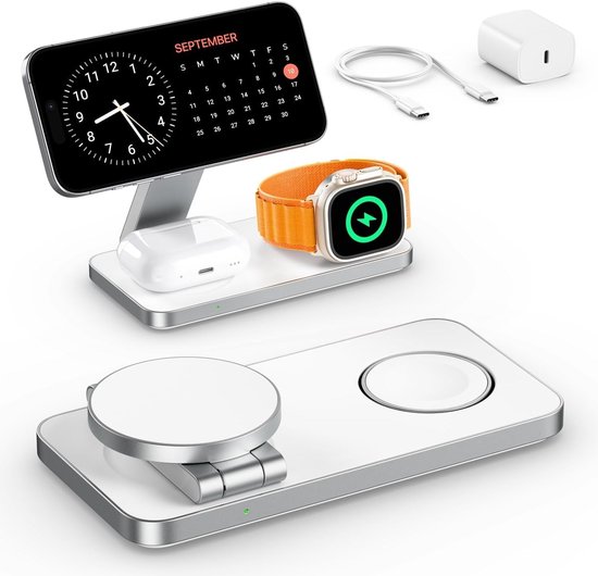 Draadloze 3-in-1 Oplaadstation voor iPhone, Apple Watch en AirPods - 25W Vouwbaar Snellader met Adapter - Wit