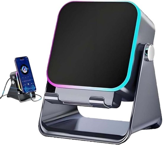 Draadloze 5-in-1 inductie-Bluetooth-speaker met verstelbare telefoonstandaard, oplaadbare speaker (3500 mAh) met stereogeluid, 360° verstelbare telefoonhouder en RGB-sfeerverlichting (8 standen) – Zwart