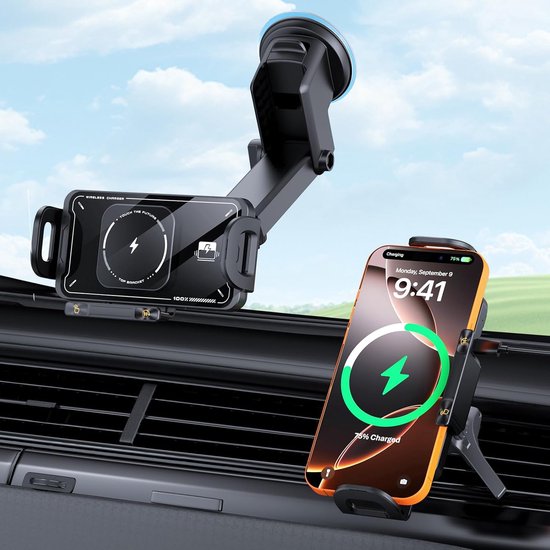 Draadloze autolader, 15 W, draadloos, houder met zuignap en clip, mobiele telefoonhouder voor de auto, snellader, automatische vergrendeling voor Galaxy Z Fold 7/6/5 Z Flip 6/5, iPhone