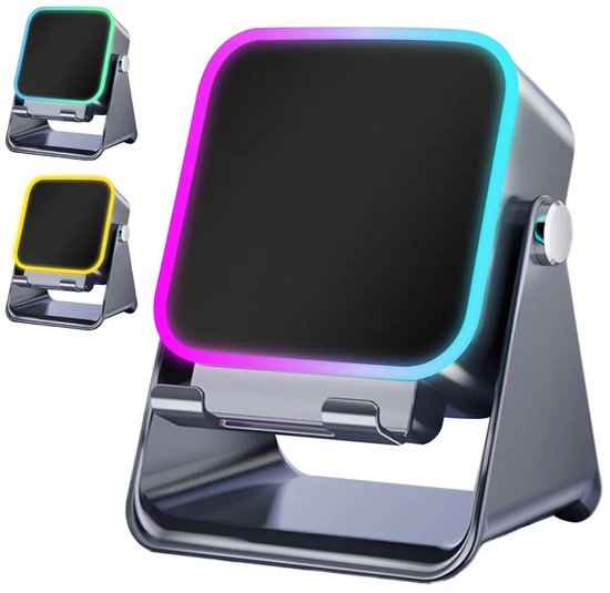 Draadloze Bluetooth-luidspreker met vier functies: telefoonhouder, RGB-sfeerverlichting, 360° rotatie, geschikt voor iPhone, Android en iPad.