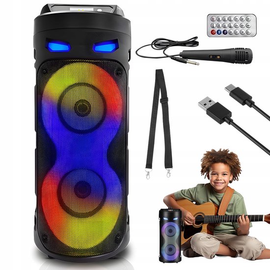 Draadloze Bluetooth Speaker - Draagbare Luidspreker - 16W Bluetooth Party Luidspreker - Zwart - 2x8W Stereo - 8 RGB-lichten & TWS - Met Microfoon & Afstandsbediening van Merkloos