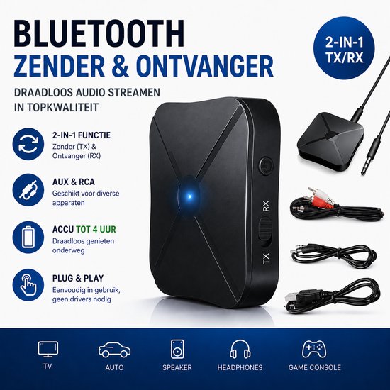 Draadloze Bluetooth - Transmitter - Receiver - Audio zender en ontvanger - Auto - Huis