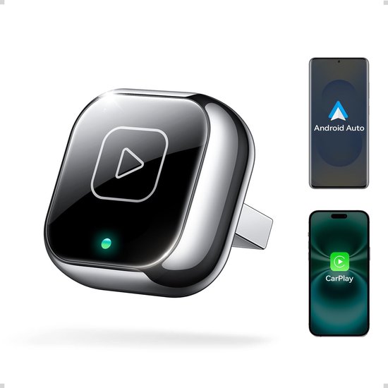 Draadloze CarPlay- en Android Auto-adapter 2,54 cm (1 inch) - Discreet plug-and-play, stabiele verbinding voor muziek/navigatie, werkt met iPhone iOS 10+ en Android 11+, voor 98% van de auto's (2016-2025) (zilver)