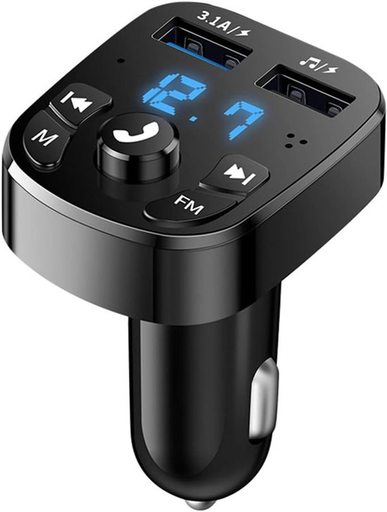 Draadloze FM Transmitter & auto lader - Universele Bluetooth FM Transmitter Auto - 3.1A Snellaader Autolader - met 2 USB-Poorten - Handsfree Bellen Car Kit Audio Adapter - Ondersteunt U-Disk Mp3-Speler en Digitale Voltmeter - Blauw LED