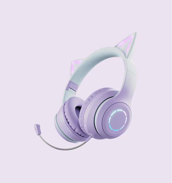 Draadloze hoofdtelefoon voor kinderen, kinderhoofdtelefoon met LED-licht en kattenoor voor meisjes - Bluetooth-headset met afneembare ruisonderdrukkende microfoon en ingebouwde microfoon voor