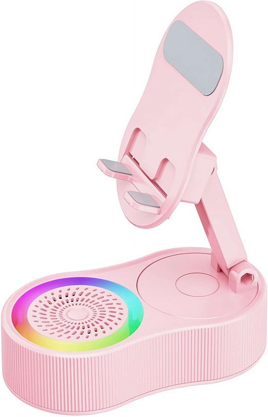 Draadloze inductie-audio-Bluetooth-luidspreker, 5-in-1 telefoonhouder, oplaadbaar voor noodgevallen met kleurrijk omgevingslicht - Bluetooth-vrije tabletstandaard met automatische verbinding, 360° geluid en RGB-verlichting (roze) van Merkloos