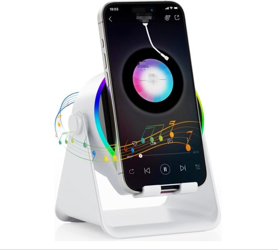 Draadloze inductie-Bluetooth-luidspreker – 4-in-1 ontwerp met RGB – antislip-basis voor telefoons 4-13 inch – Bluetooth 5.3 – direct afspelen – perfect tech-cadeau (wit).L