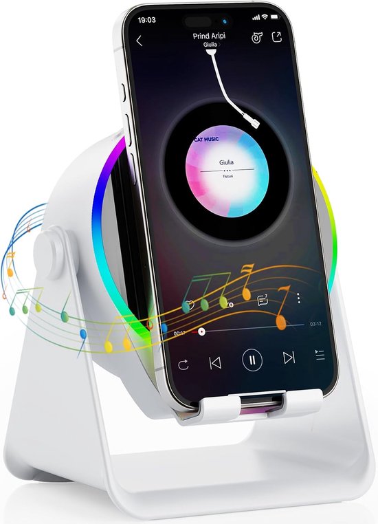 Draadloze inductie Bluetooth luidspreker 5-in-1, 360° draaibare telefoonhouder en sfeerverlichting in diverse kleuren, geschikt voor iPhone, iPad, Android en tablets, perfect verjaardagscadeau voor mannen en vrouwen