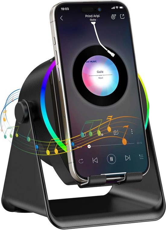Draadloze inductie Bluetooth luidspreker 5-in-1, 360° draaibare telefoonhouder en sfeerverlichting in diverse kleuren, geschikt voor iPhone, iPad, Android en tablets, perfect verjaardagscadeau voor mannen en vrouwen（zwart）