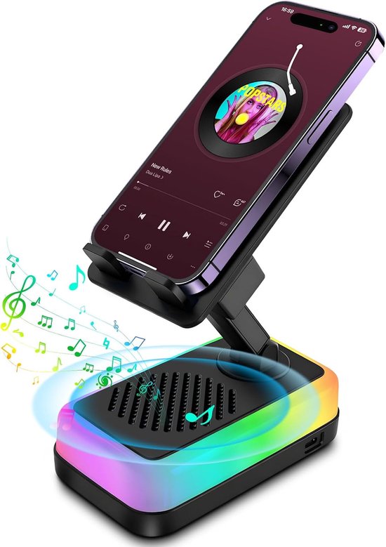 Draadloze Inductiespeaker met Telefoonstandaard, 5-in-1 Bluetooth Speaker met RGB-verlichting en 3000mAh Noodlader, Verstelbare Houder, Geschikt voor Apple iPhone en iPad, Samsung Galaxy en Android-apparaten, Praktisch Gadget-Zwart