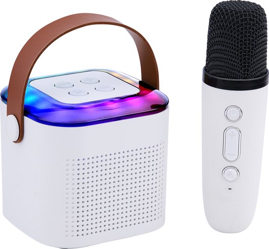 Draadloze Karaoke Speaker Mini - Bluetooth Muziekbox met Microfoon en RGB Lichtshow - Party Speaker met 9 Geluidseffecten - Compact en Lichtgewicht - Wit van Lenco