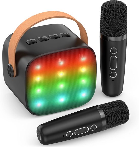 Draadloze Kinder Karaoke Microfoon met 2 Micros, Draagbare Bluetooth Karaoke met Magische Stemverandering en LED Licht HiFi Geluidskwaliteit Mini Complete Karaoke Microfoon voor Kinderen Volwassenen Meisje Zwart