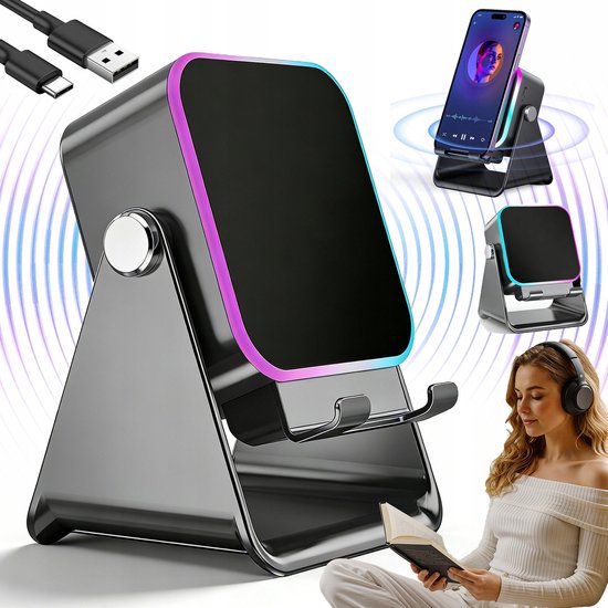 Draadloze Luidspreker - Magnetische Bluetooth-speaker met Sensor & Sfeerverlichting Dubbele modus: inductie + Bluetooth - Sfeerverlichting - 5000mah - Zwart - 360° Verstelbaar van Merkloos