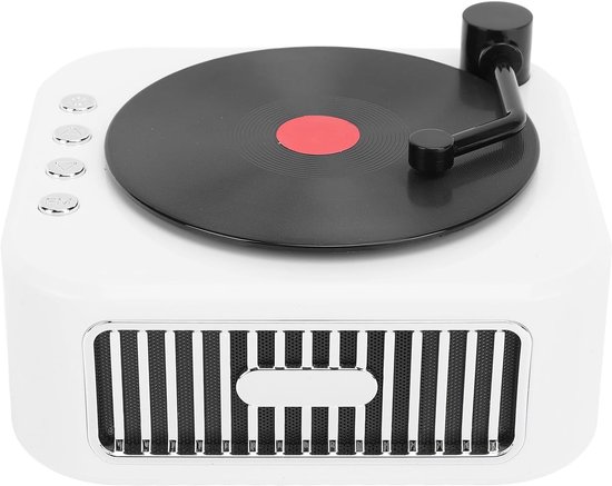 Draadloze luidspreker met 360° surround sound, vintage platenspeler, hifi-luidspreker met 1200 mAh batterij, ondersteuning voor geheugenkaart en AUX-modus (wit)