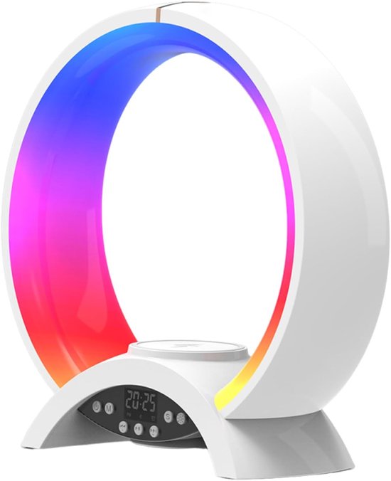 Draadloze Oplader - Sfeerlamp Wekker - Muziek Luisteren - 4-in-1 Functies - 22 cm Breed - Wit