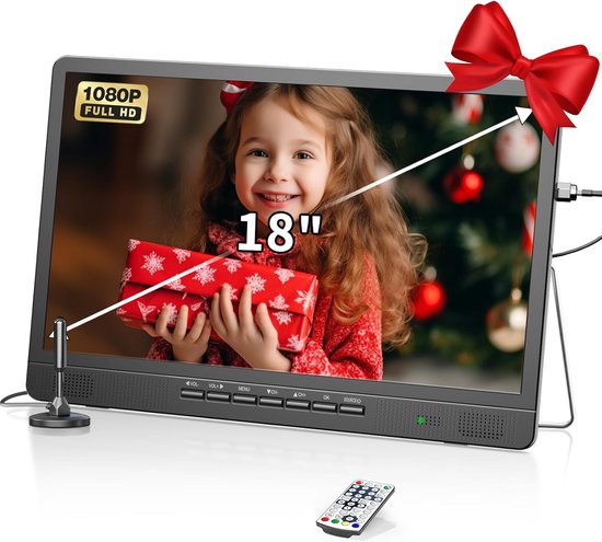 Draagbare 18 inch Mini LCD TV met DVB-T2/Tuner | HD 1080P | 12V voor Buiten, Camping & Keuken | USB/HDMI/AV
