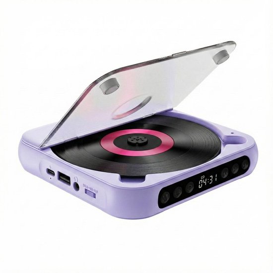Draagbare Bluetooth-cd-speler met USB-C-snelladen – Ultradun en compact – Ondersteunt MP3/WMA-formaten – Geschikt voor zowel reizen als thuisgebruik – Paars