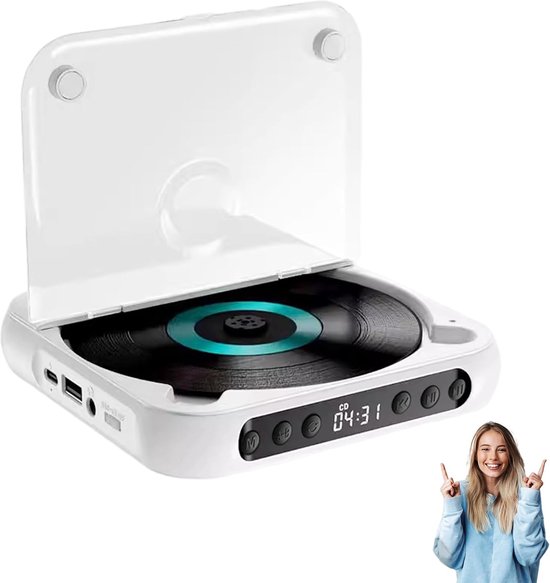 Draagbare, Bluetooth-compatibele cd-speler, nieuwe cd-speler uit 2026 met hifi-geluid, draadloze en bedrade weergave, oplaadbare kleine cd-speler voor op reis, thuis en in de auto (wit)