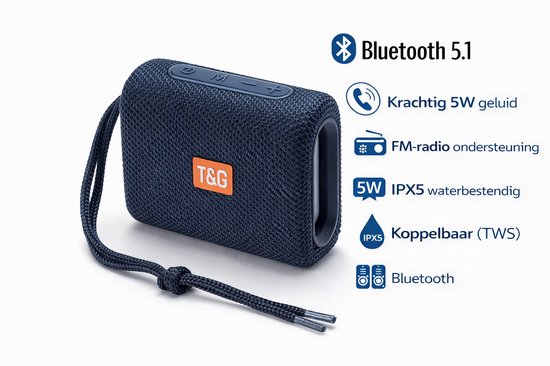Draagbare Bluetooth Speaker Blauw – Mini Waterproof IPX5 – 5W Krachtig Geluid – AUX, USB & TF – Handsfree Bellen – Compacte Draadloze Speaker van Merkloos