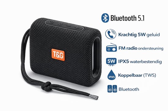 Draagbare Bluetooth Speaker Zwart – Mini Waterproof IPX5 – 5W Krachtig Geluid – AUX, USB & TF – Handsfree Bellen – Compacte Draadloze Speaker van Merkloos
