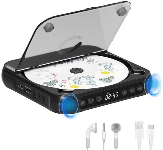 Draagbare cd-speler - Bluetooth-speler - Oplaadbaar - Ingebouwde hifi-luidspreker - Hoofdtelefoonaansluiting - Geschikt voor thuis en in de auto - Zwart