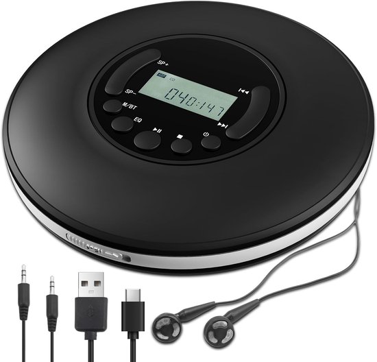 Draagbare cd-speler, discman met stereo-oordopjes en Bluetooth-uitgang, schokbestendige walkman met anti-skipfunctie, compact en lichtgewicht.