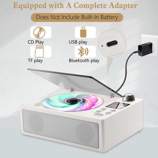 Draagbare cd-speler met afstandsbediening, oplaadbare batterij, USB/SD-ondersteuning, lcd-scherm, kleine compacte retro cd-speler, dubbel stereogeluid voor thuis en bu Buiten, wit