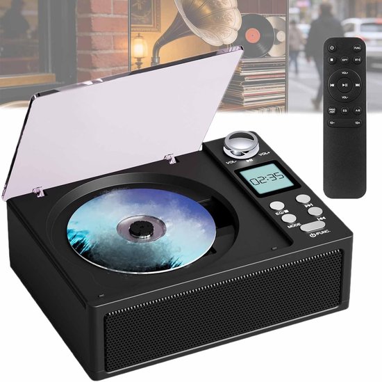 Draagbare cd-speler met afstandsbediening, oplaadbare batterij, USB/SD-ondersteuning, lcd-scherm, kleine compacte retro cd-speler, dubbel stereogeluid voor thuis en bu Buiten, zwart