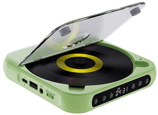 Draagbare cd-speler met Bluetooth 5.3-zender - 2000mAh oplaadbare batterij, ingebouwde HiFi-dubbele luidsprekers, ondersteunt cd/usb/aux, lcd-display, inclusief hoofdtelefoon voor thuis/in de auto - groen