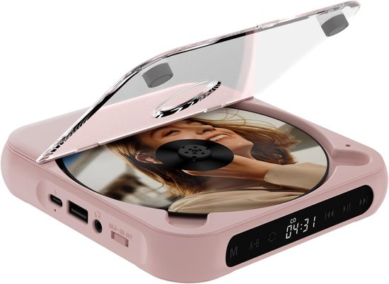 Draagbare cd-speler met Bluetooth 5.3-zender, 2000mAh oplaadbare batterij, ingebouwde HiFi-dubbele luidsprekers, ondersteunt cd/usb/aux, lcd-display, inclusief hoofdtelefoon voor thuis/in de auto (roze)