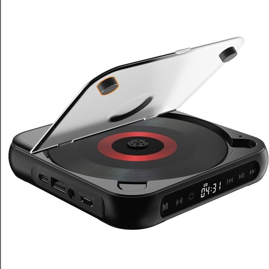 Draagbare cd-speler met Bluetooth 5.3-zender, oplaadbare batterij van 2000 mAh, ingebouwde dubbele luidsprekers, ondersteunt cd/USB/AUX-ingang, lcd-display en inclusief oordopjes. Geschikt voor thuis/in de auto (zwart).