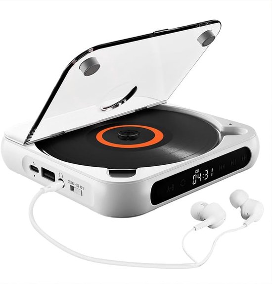 Draagbare cd-speler met Bluetooth 5.3-zender, oplaadbare batterij van 2000 mAh, ingebouwde dubbele luidsprekers, ondersteunt cd/USB/AUX-ingang, lcd-scherm en inclusief hoofdtelefoon. Geschikt voor thuis/in de auto (wit).
