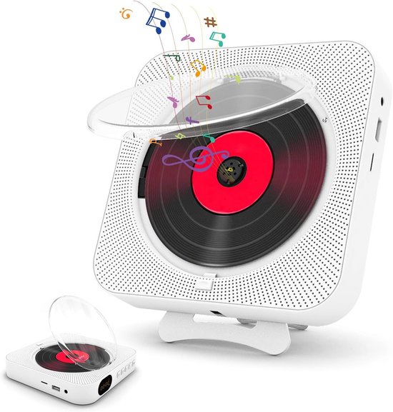 Draagbare CD-speler met Bluetooth, HiFi Luidspreker, Wandmontage, USB/AUX Muziekspeler, Wit