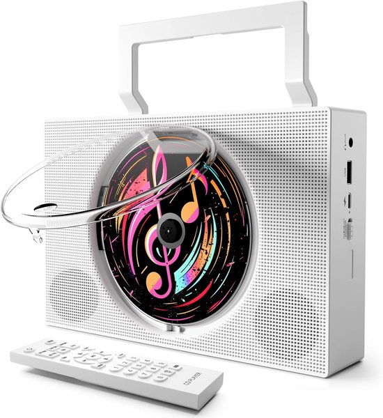 Draagbare cd-speler met Bluetooth - Oplaadbare cd-speler met FM-radio, USB, AUX en afstandsbediening - Stereogeluidssysteem met 4000 mAh-batterij - Ondersteunt cd/cd-r/cd-rw/mp3/wma（Wit）