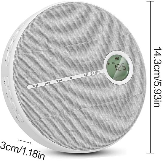 Draagbare cd-speler met luidspreker, Bluetooth, USB- en AUX-aansluitingen, oplaadbare batterij van 2000 mAh – compacte luidspreker, afmetingen 14,3 x 3 cm.