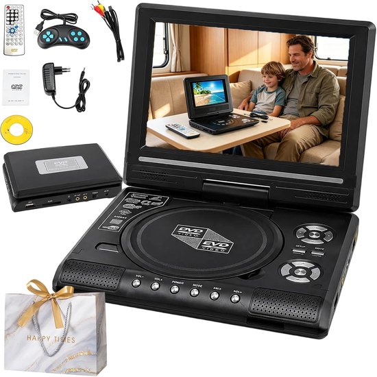 Draagbare DVD-speler 7,8 inch met Draaibaar HD-scherm, Oplaadbaar, 1 Stuk, Dubbele Luidsprekers, AV-uitgang, USB- en SD-kaartondersteuning, Ingebouwde Batterij, voor Auto, Reizen, Camping en Camper