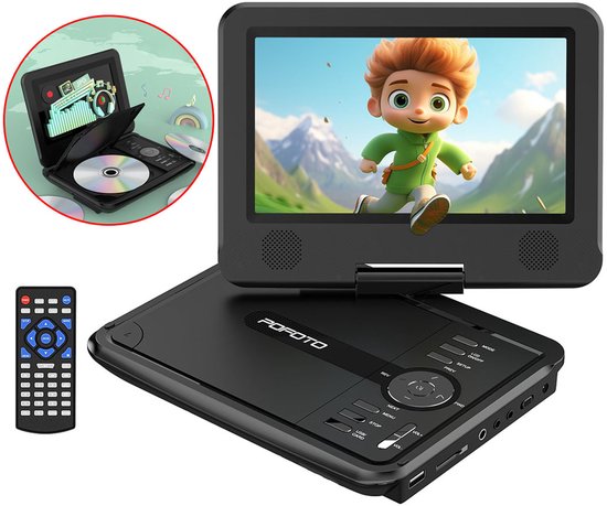 Draagbare DVD Speler Auto - 9,5" Draaibaar HD-Scherm - Draagbare DVD Speler - USB - 7.5 Inch Draaibaar HD Scherm - 4-6 Uur Speeltijd - Voor SD-kaart/USB/Sync TV - Zwart