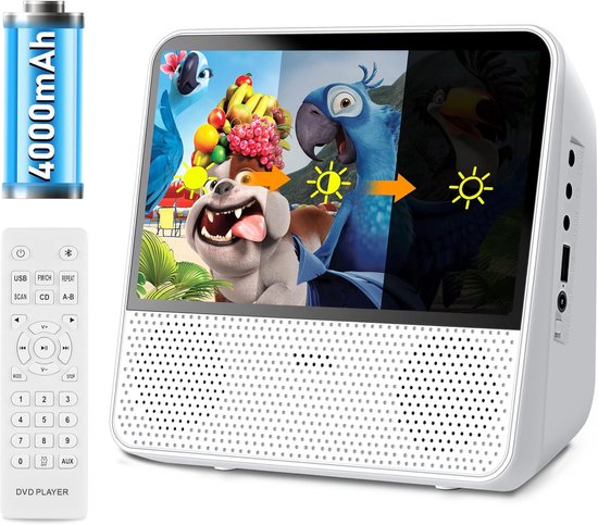 Draagbare DVD-speler met 4000mAh oplaadbare batterij - ondersteunt CD/DVD/Bluetooth/USB/MP3/AV, ingebouwde dubbelluidspreker CD/DVD speler, Afspelen in geheugen/Afstandsbediening/Timer - wit