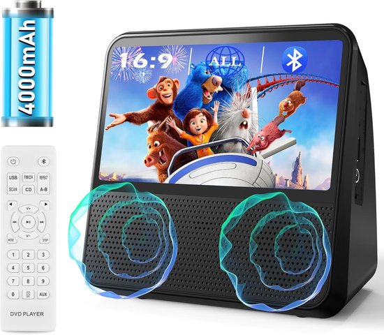 Draagbare DVD-speler met Bluetooth – Auto-DVD voor kinderen, 4000 mAh accu, USB/RCA/hoofdtelefoon, timer – Zwart