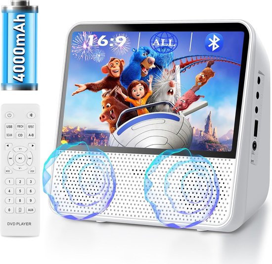 Draagbare DVD Speler - Mobiele Mediaspeler - Reizen met kinderen - Lange batterijduur - 7 inch scherm - Wit