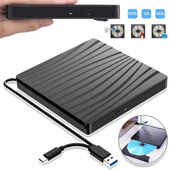Draagbare Externe Optische Drive - USB A & Type-C 3.0 Snelheid - Lezen Schrijven Branden En Afspelen Van CD's/DVD's - Lichtgewicht 14x14 cm Fysieke Uitwerpfunctie - Voor Desktop Laptop En Ultrabook