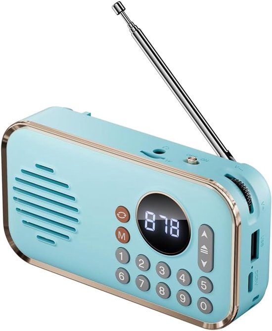 Draagbare FM Radio Oplaadbare Kleine Draadloze Bluetooth Speaker Surround Stereo Geluid USB Vintage Radio's Blauw van Merkloos