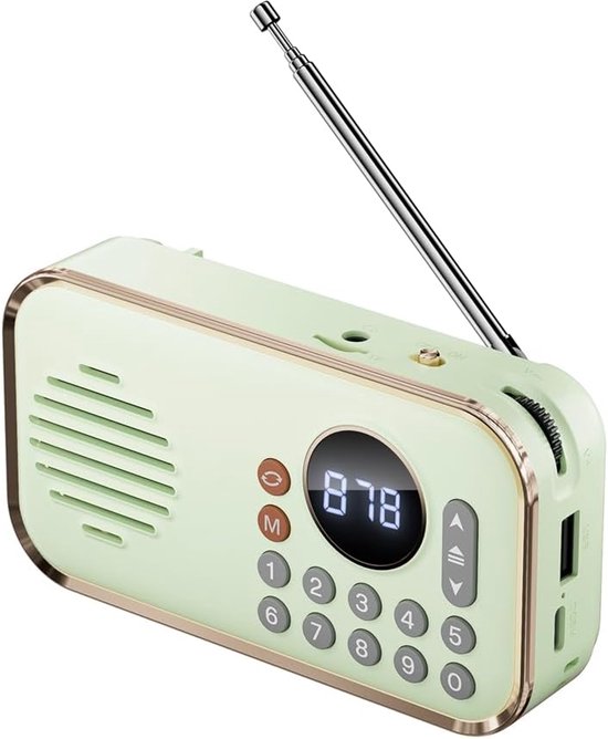 Draagbare FM Radio Oplaadbare Kleine Draadloze Bluetooth Speaker Surround Stereo Geluid USB Vintage Radio's Licht Groen van Merkloos