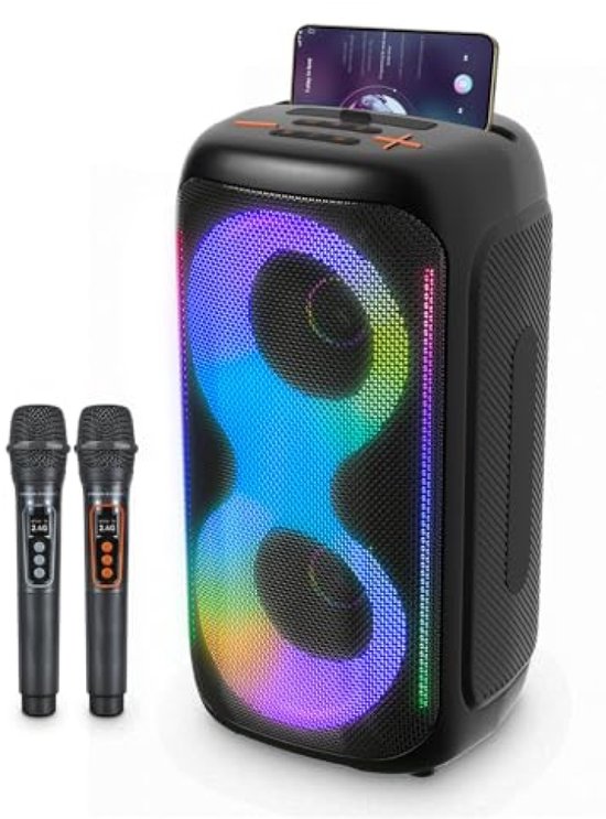 Draagbare Karaoke-machine met Bluetooth, 2 Draadloze Microfoons, 50W PA-Systeem, LED-verlichting, 4000 mAh Batterij, Zwart