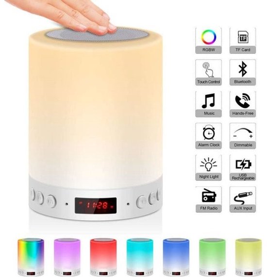 Draagbare LED-nachtlamp met touchscreen, Bluetooth-luidspreker, wekker, FM-radio, MP3-speler, TF-kaartondersteuning, AUX-ingang en handsfree belfunctie.
