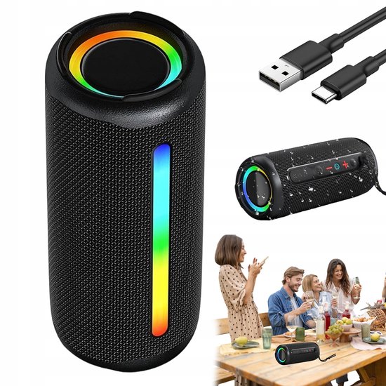 Draagbare Luidspreker - Bluetooth Luidspreker 30W - Zwart RGB 360° Surround Sound - TWS & Handsfree - 2000mAh Batterij