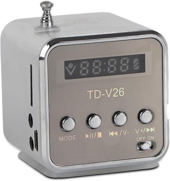 Draagbare Mini Stereo Luidspreker met FM Radio en MP3 Speler – Ondersteunt TF-Geheugenkaart en USB-Stick, Geschikt voor PC en Telefoon, Kleur Zilver